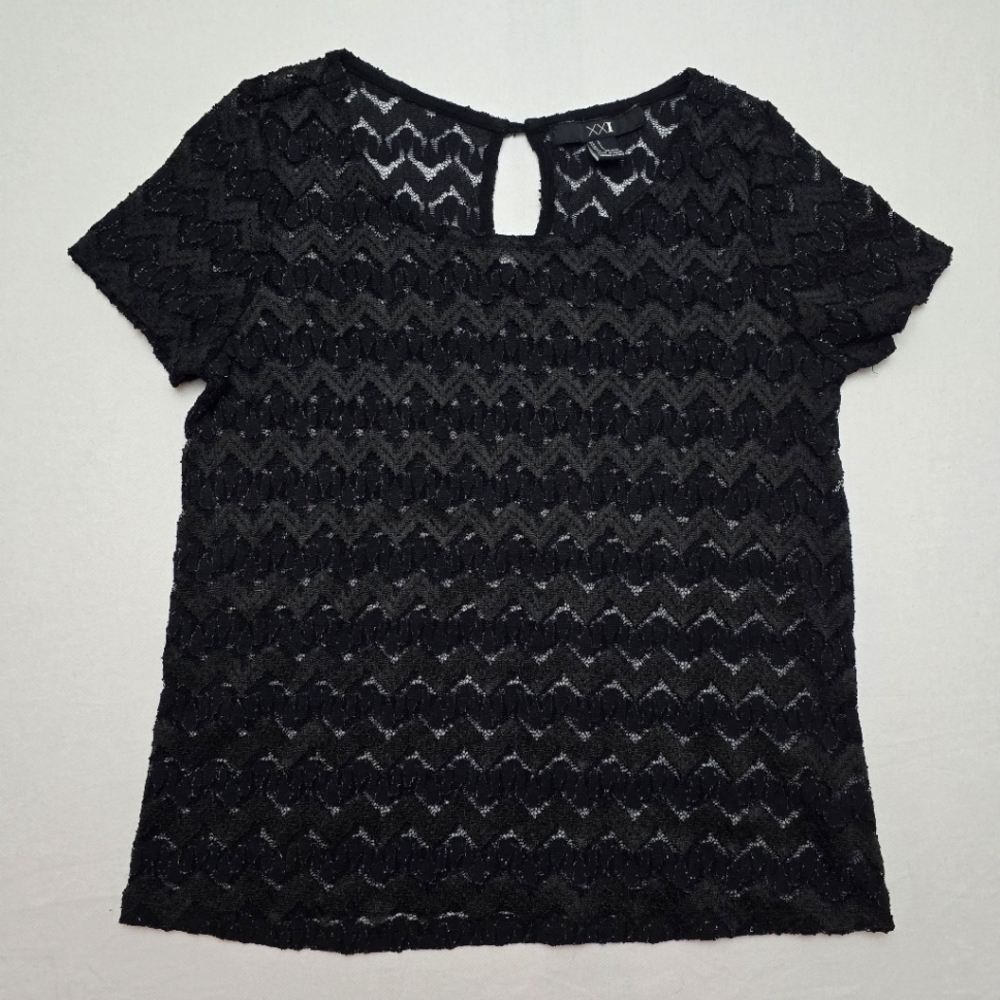 Black Embroidered Open Stitch Lace Knit Top S Metallic Silver Thread Detail